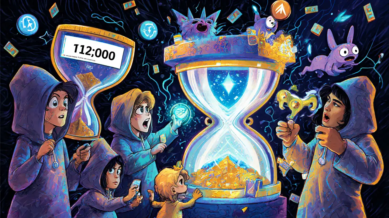 Players refreshing browser hourglasses near a mystery box portal, surrounded by digital spirit animals and countdowns.