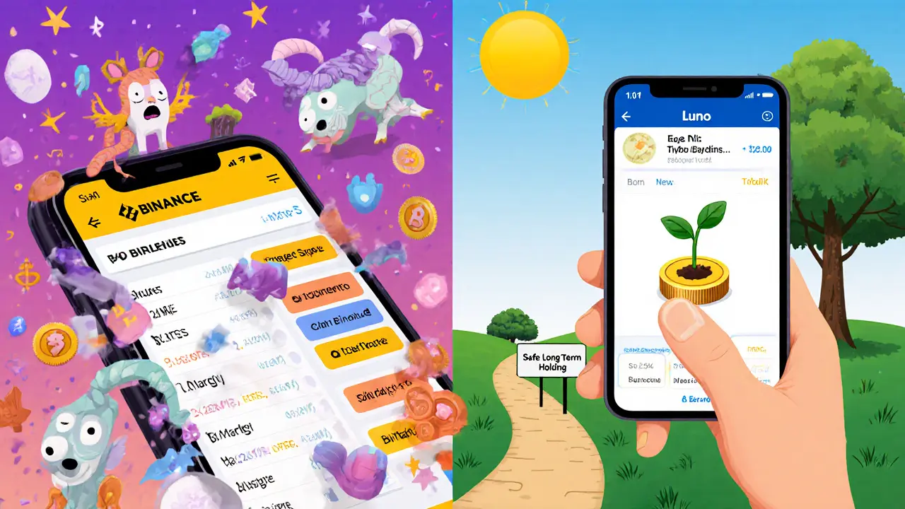Split scene: overwhelmed beginner on Binance app vs calm trader with simple Luno app and secure path