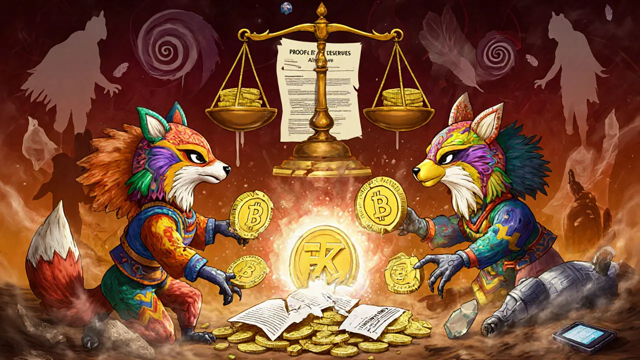 Traders reaching for melting crypto coins as a broken scale tilts toward legal documents in vibrant Alebrije art style.
