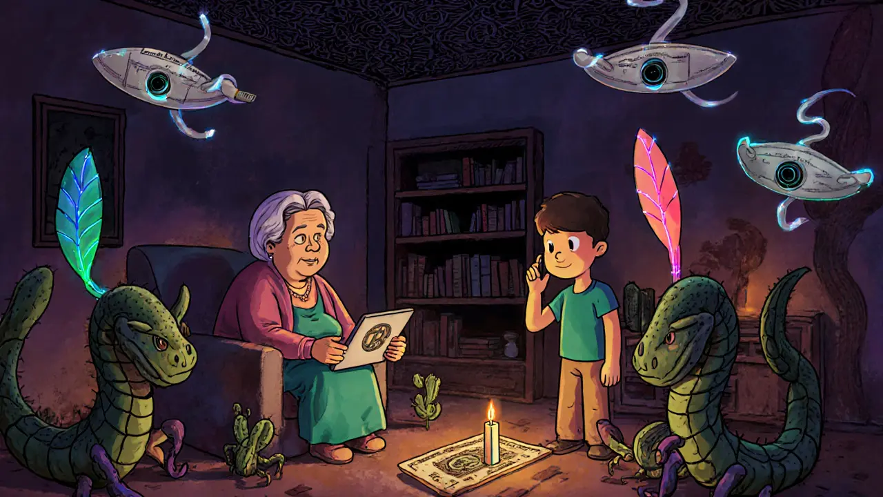 A family uses a hidden VPN setup, guarded by surreal alebrije creatures as surveillance drones loom outside.