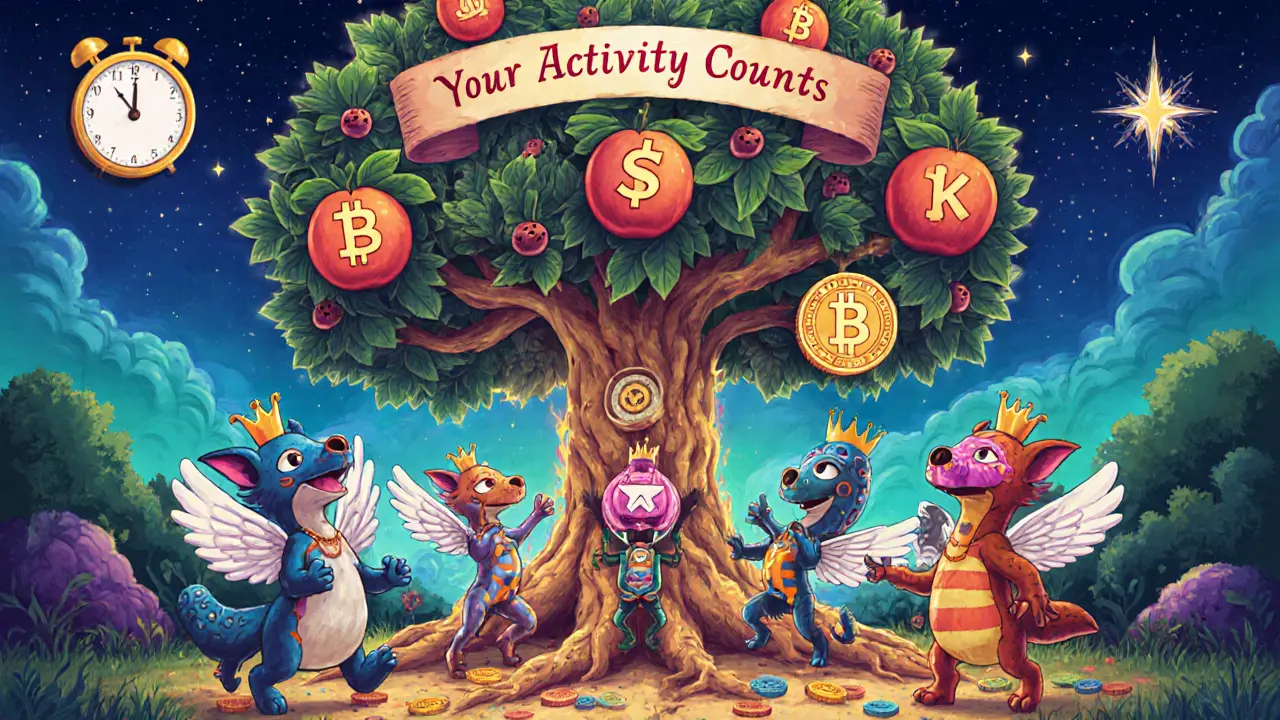 A festive scene under a SAKE token tree, with diverse DeFi creatures celebrating community participation.