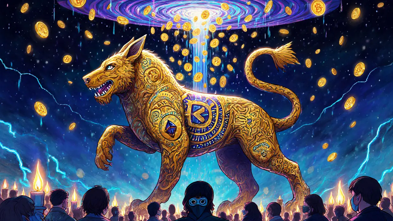 A guardian beast with trading chart torso and bridging legs, raining zero-fee coins over masked traders.