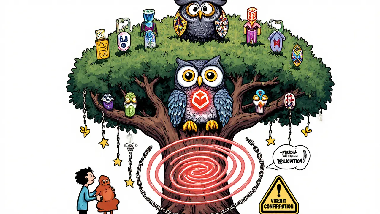 A hybrid consensus tree with voting owl and staked validators expelling a corrupted node.