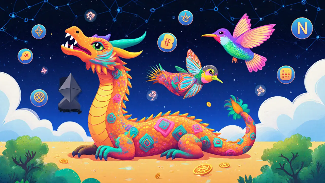 A layered alebrije ecosystem: Ethereum base, rollup serpent, and Layer 3 hummingbird with game NFTs.