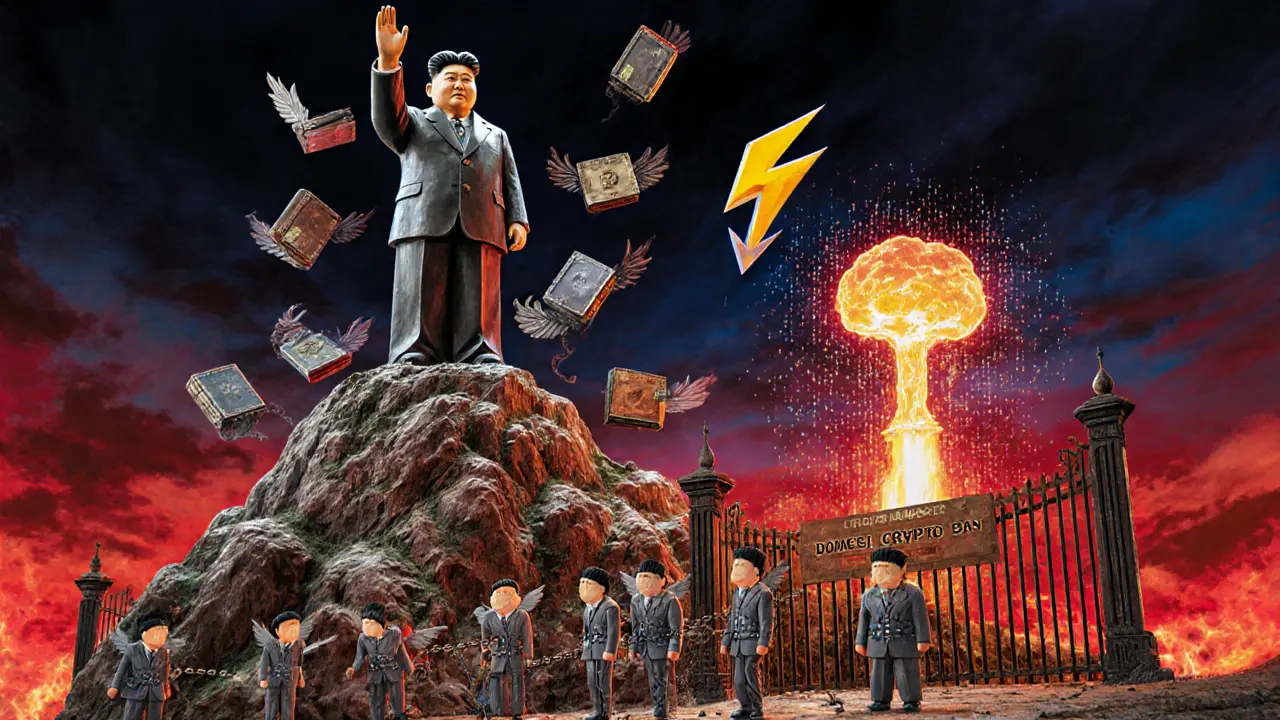 A leader statue towers over stolen wallets as citizens are chained below, all in mythological Alebrije art with fiery hues and digital static.