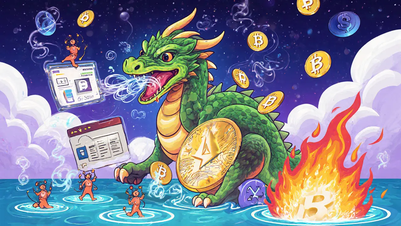 A lending dragon with token body and health factor smoke, surrounded by wallet-connecting spirits and ILO pools.