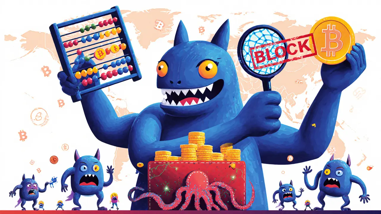 A multi-armed alebrije exchange creature checking confirmations and stamping suspicious transactions.