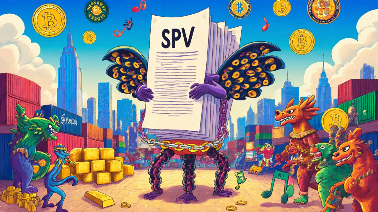 A mythical SPV creature with legal document body trading tokenized assets in a vibrant folk-art marketplace.