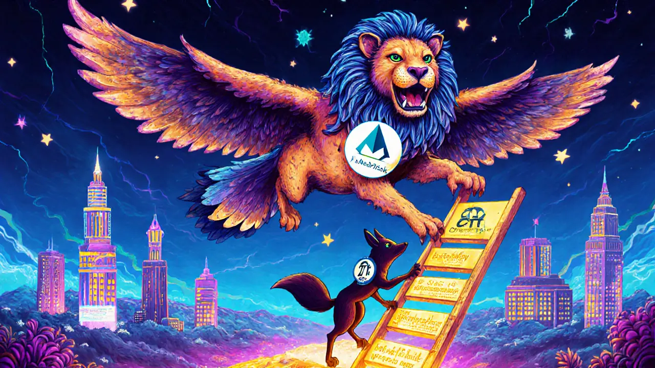 A noble lion-bird with MetaMask logo flies above real blockchain projects while a scam fox climbs fake links below.