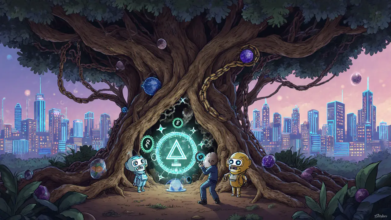 A quiet AI laboratory inside a cosmic tree, with developers analyzing test cases as distant DEXs glow afar.