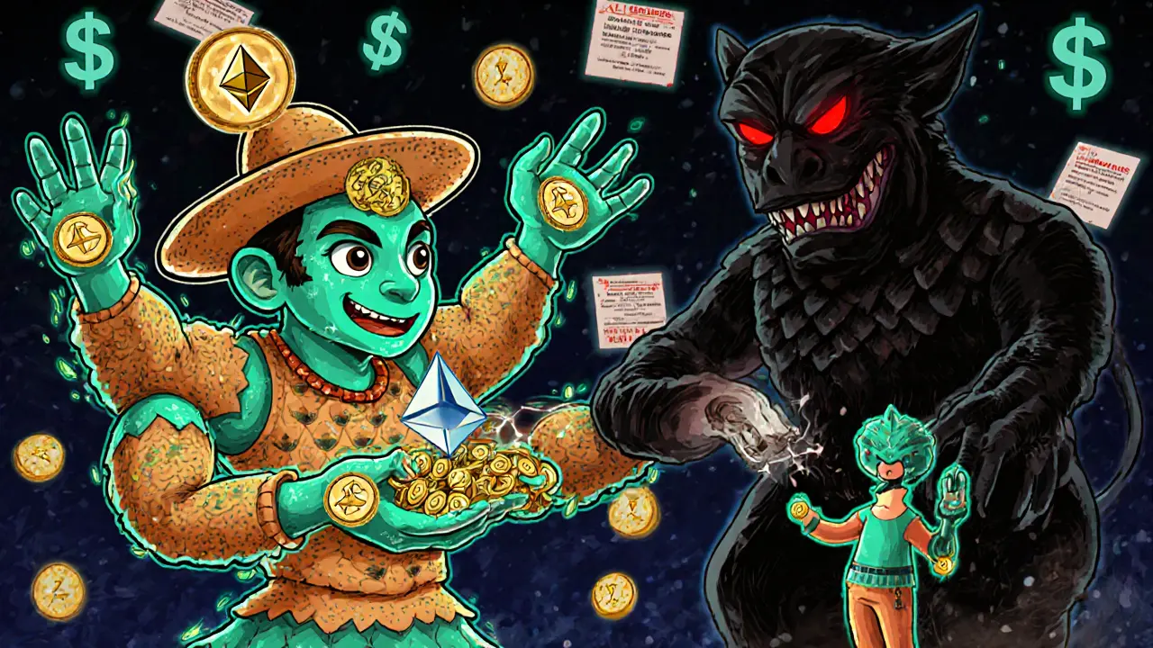 A staking spirit offering crypto coins to a human holding a hardware wallet, while a scam monster fades away.