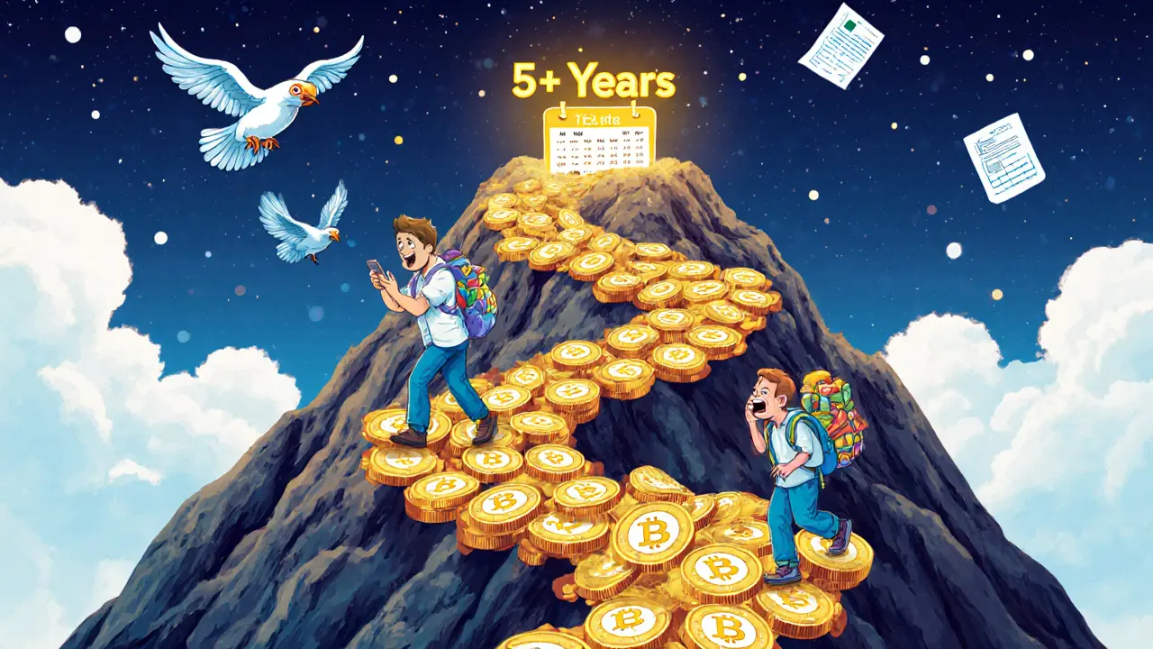 A steady walker on a coin path up a mountain, outpacing fearful and frantic travelers toward a golden horizon.