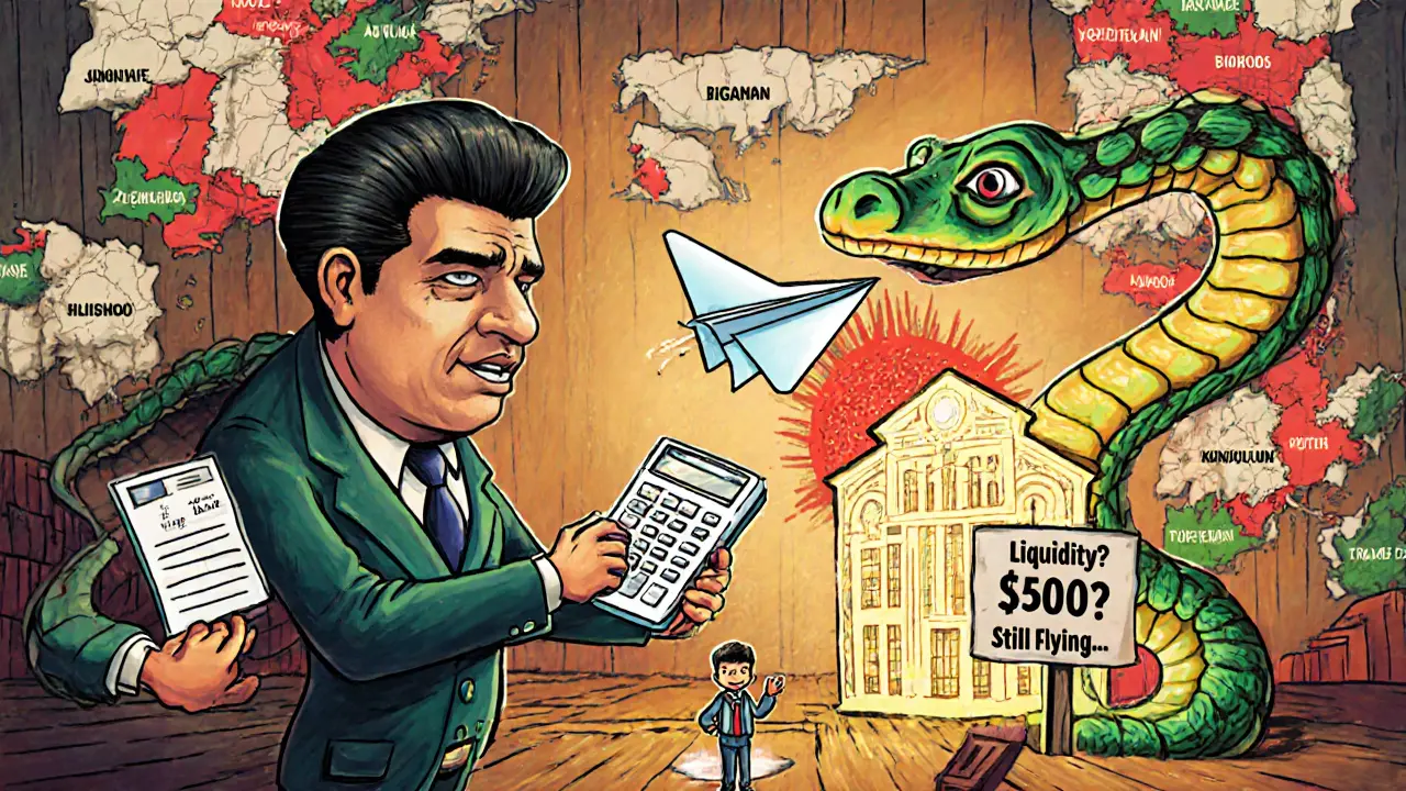 A tax official battling a smart contract serpent beside a tokenized building, with global compliance zones in the background.