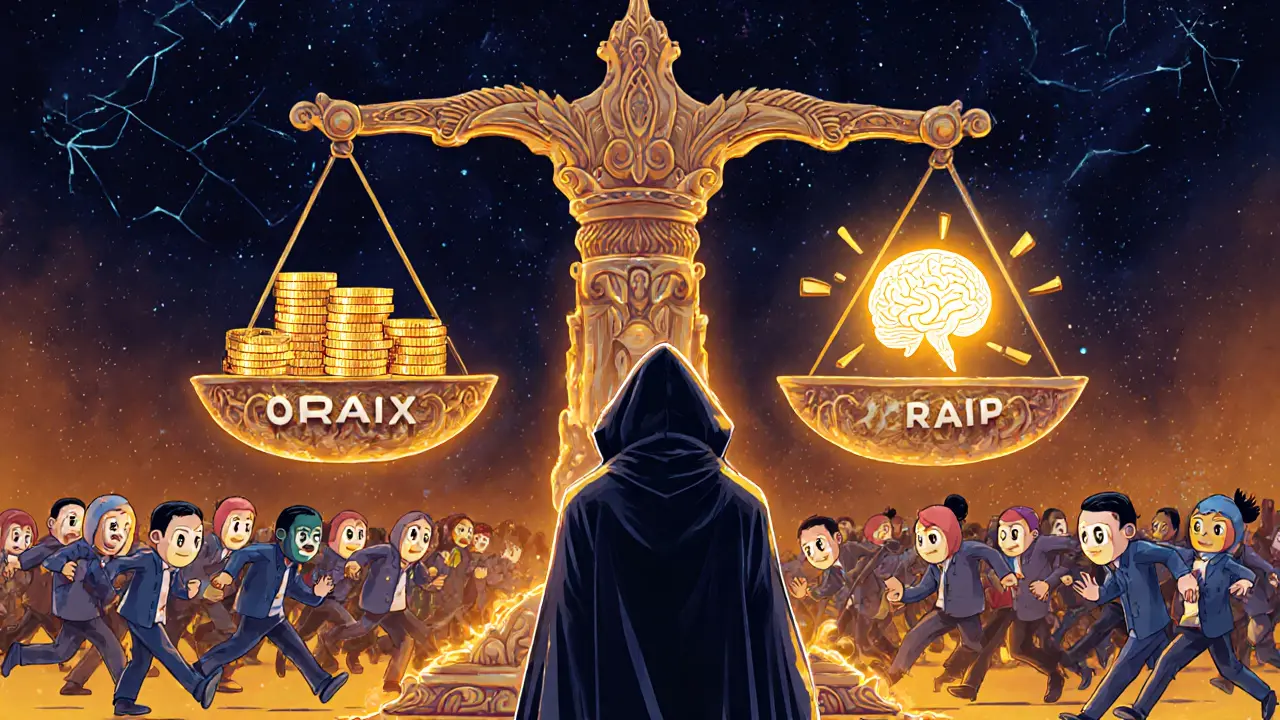 A trader balancing ORAIX tokens against an AI oracle brain, while other traders ignore the scale.