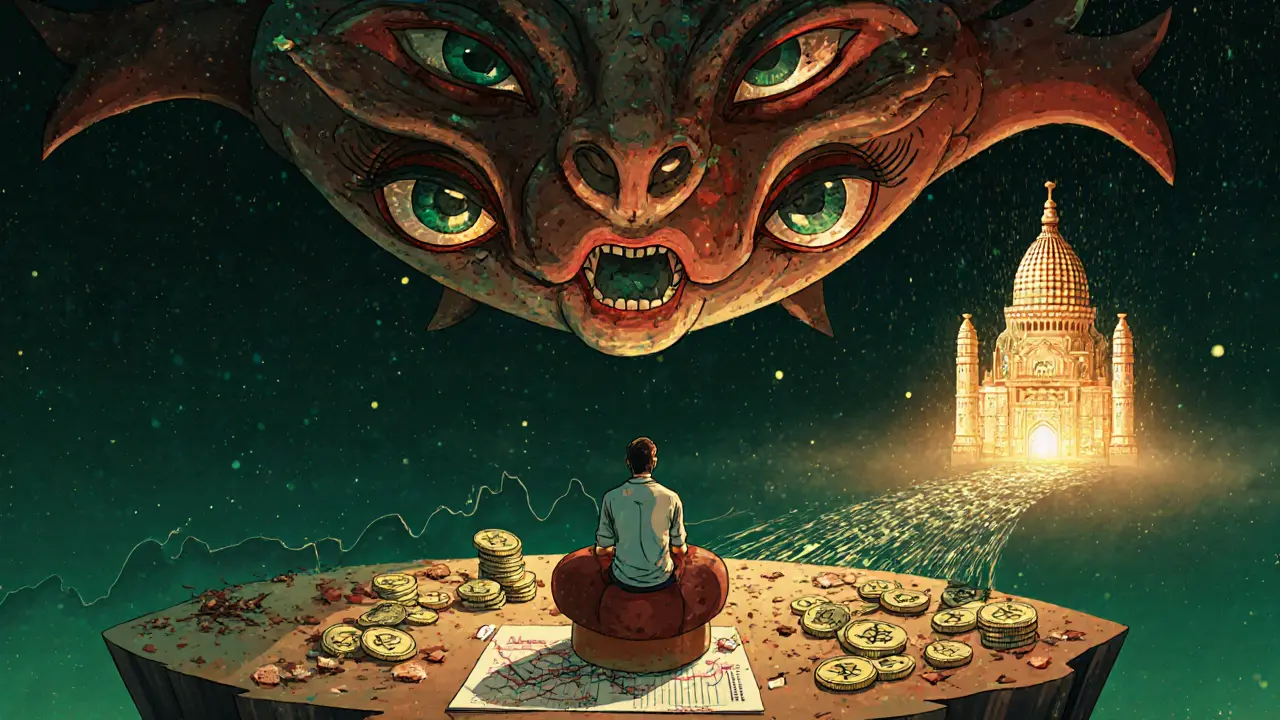 A trader sits amid broken profit graphs as a multi-eyed Aadhaar-PAN spirit watches over digital data rivers.