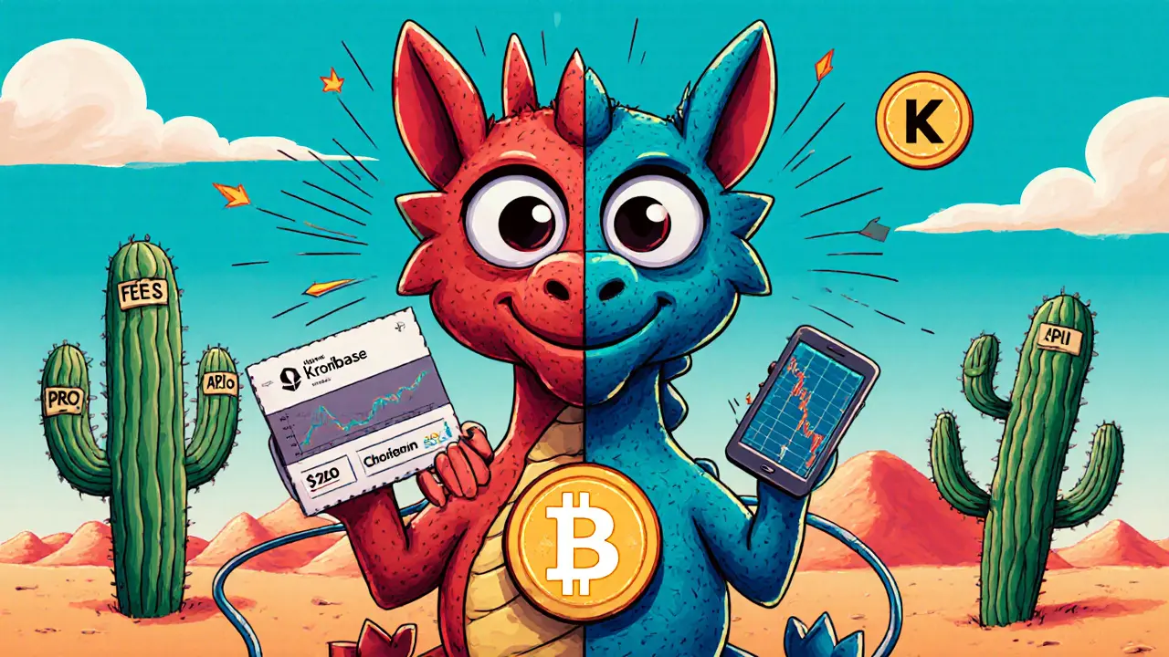 A two-faced trader with Coinbase bonus on one side, Kraken Pro interface on the other, in a surreal desert landscape.