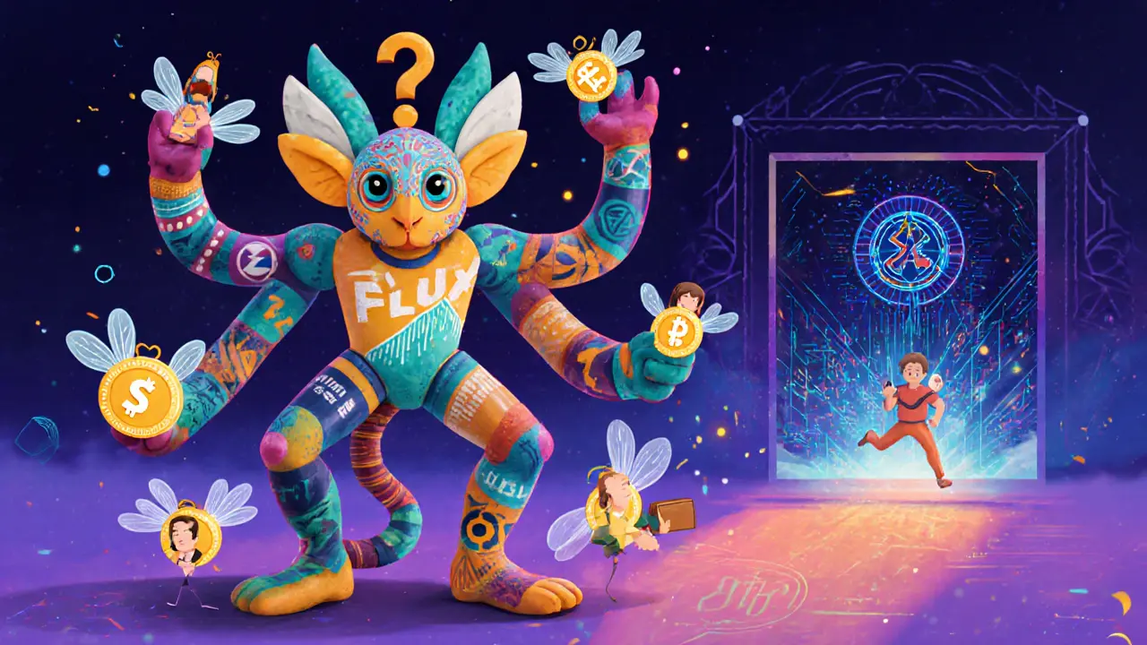 A whimsical guardian spirit with a DEX torso and blockchain legs, surrounded by glowing FLUX tokens and portals to Solana and Polygon.