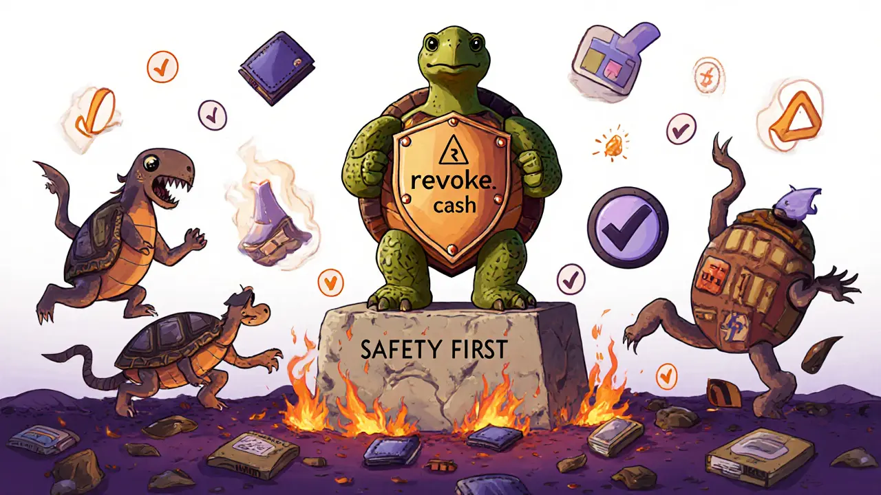 A wise tortoise with a safety shield stands firm as scam creatures flee into a pit of burning phishing sites.