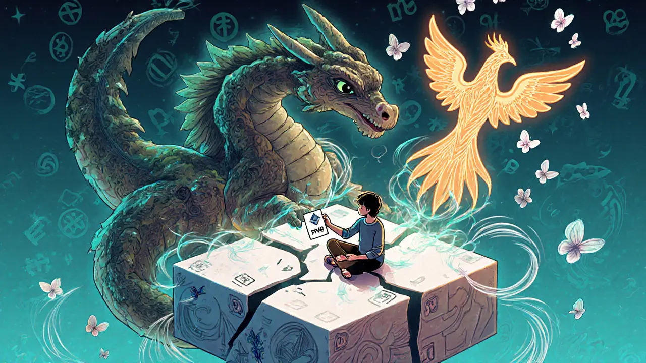 An artist placing an image into the Ethereum blockchain as Ethscriptions rise like butterflies.