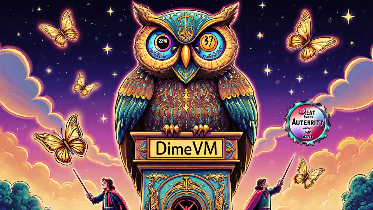 An owl with zk-proof feathers perched on DimeVM tower, hiding liquidation risks under privacy veils.
