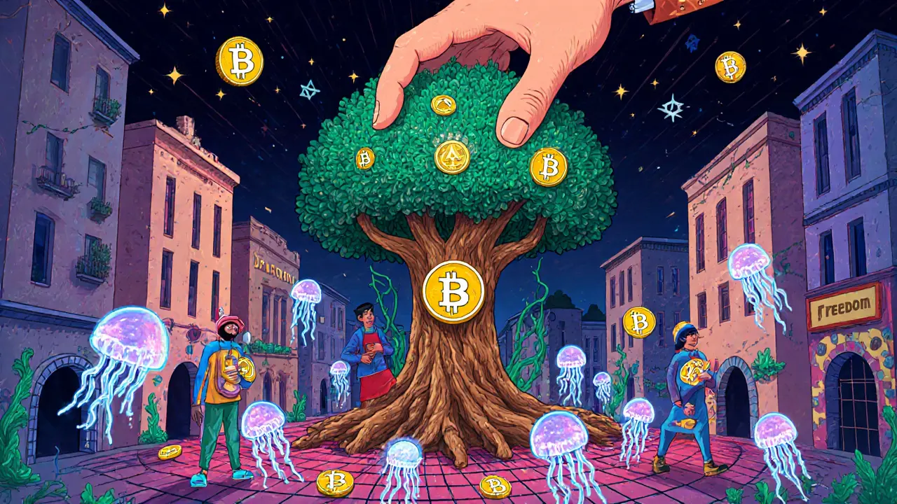 An underground crypto network flows beneath Algerian cities as glowing coins and circuitry-connected people resist a crushing government hand.