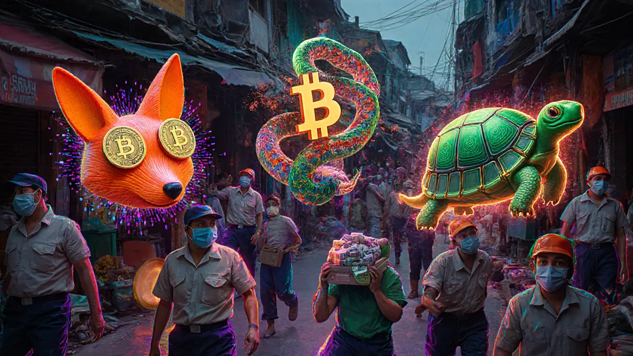 Fantastical creatures in a Phnom Penh marketplace float above blockchain networks, made of casino chips and crypto tokens in surreal colors.