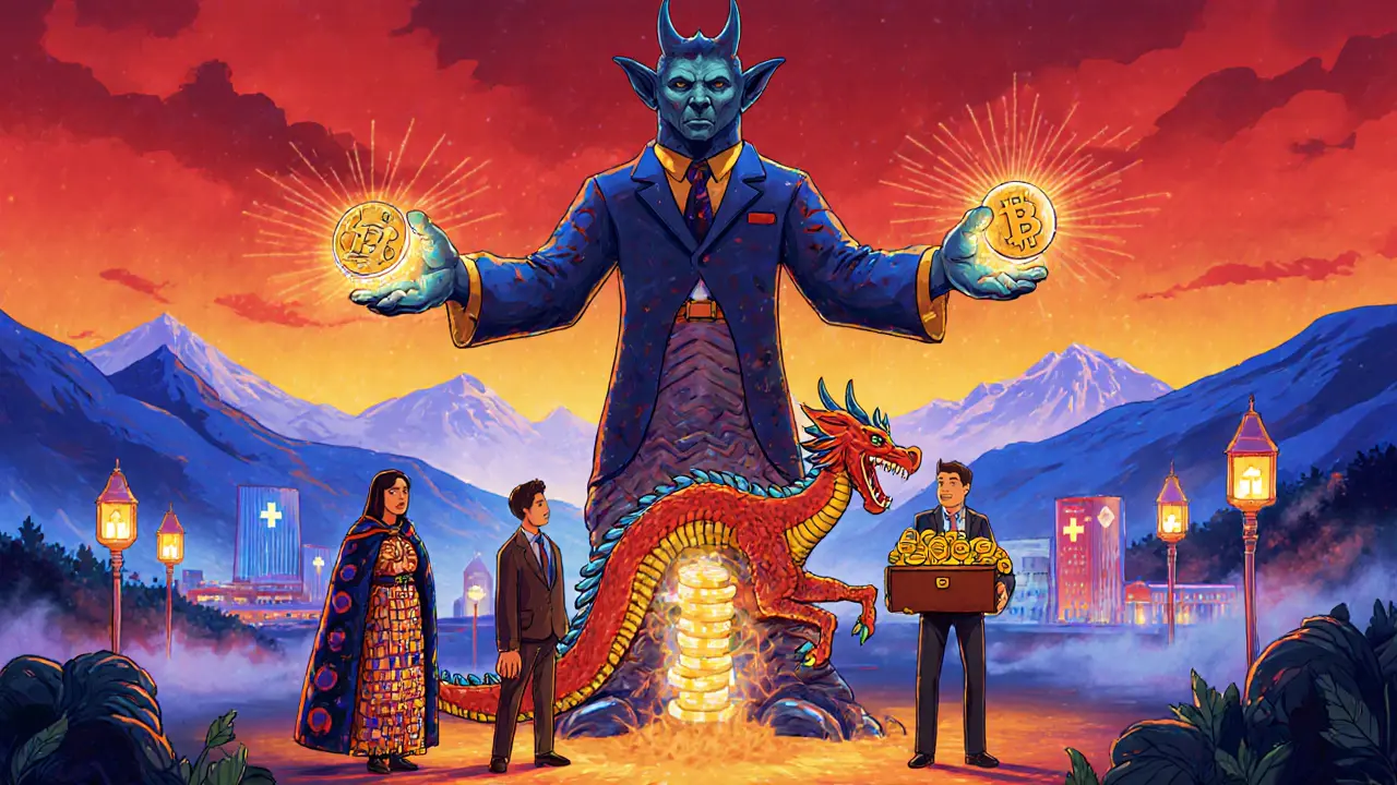 Institutional clients being welcomed by a bank spirit amid glowing data centers, with tokens and staking pools floating in the air.