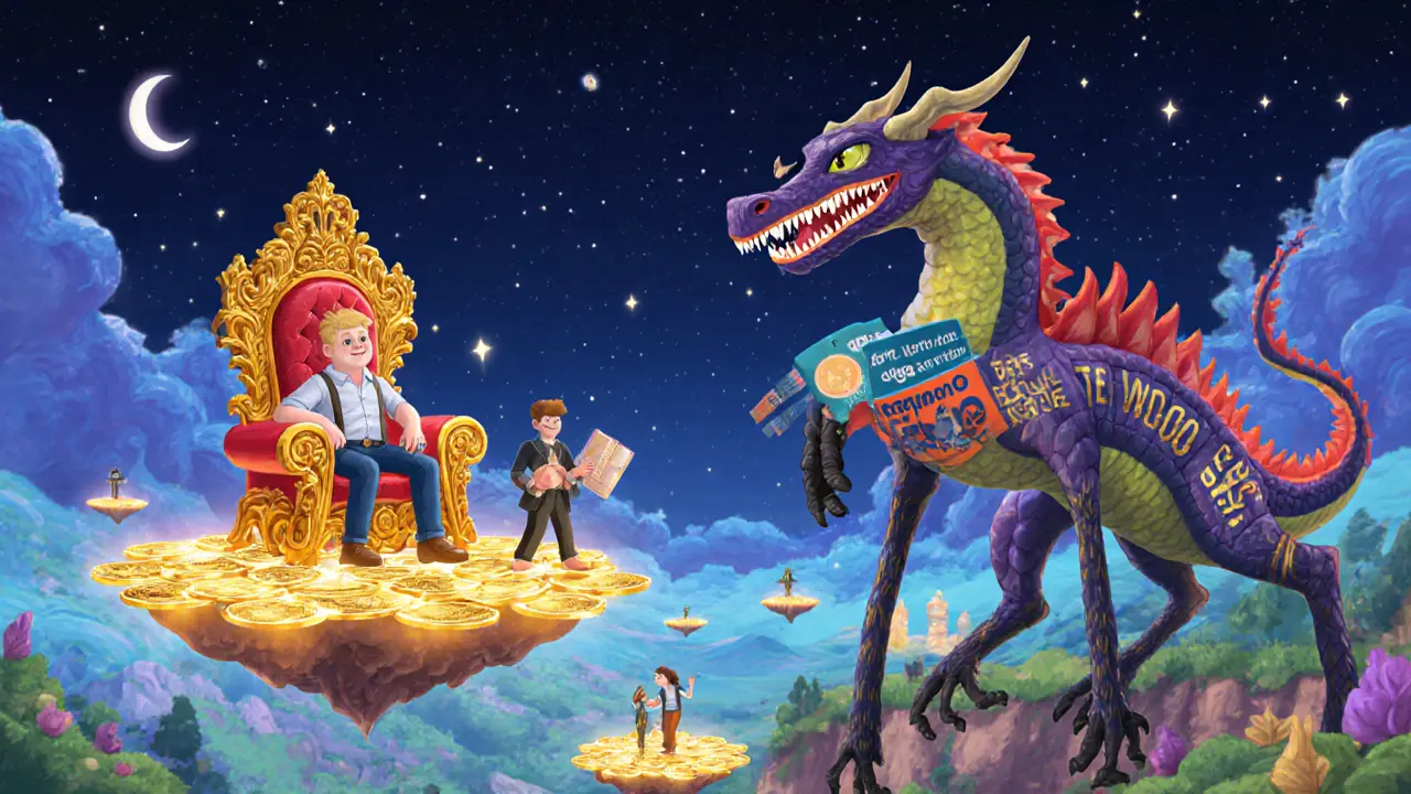 Landlords on token thrones in a metaverse, while a dragon with a phishing link mouth devours wallets labeled with fake promises.