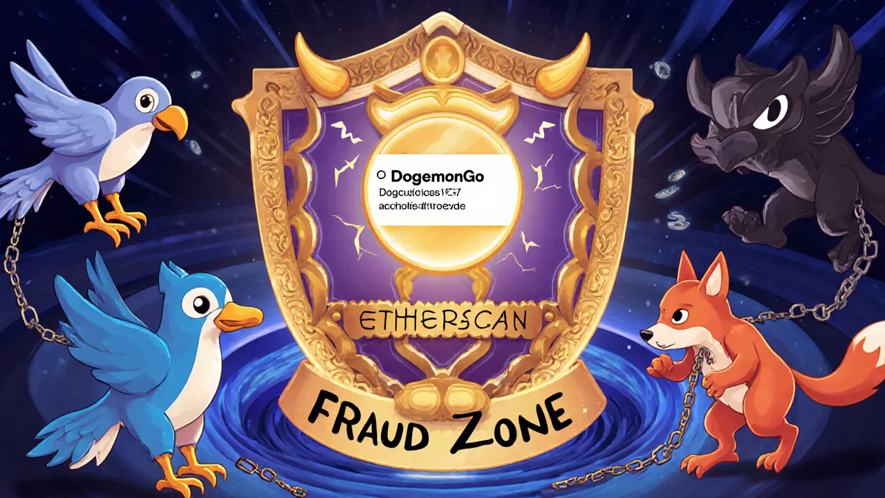 Mythical guardian creatures protect a real NFT contract, while scam figures flee into a fraud vortex.