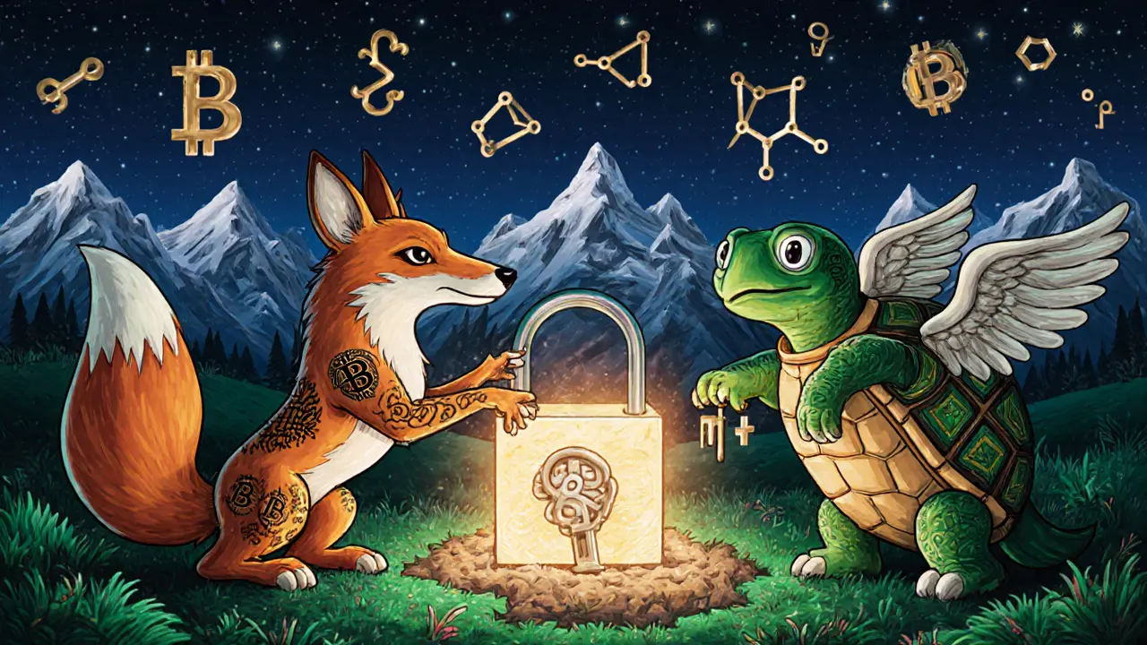 Mythical guardians locking a digital vault under the Swiss Alps, surrounded by blockchain symbols and protective runes.