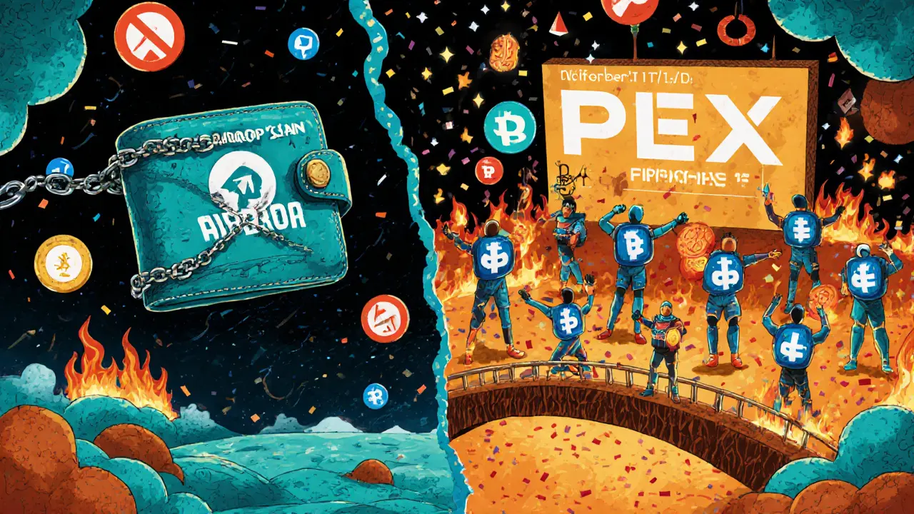 Split scene: haunted wallet vs. active traders on a leaderboard, connected by glowing smart contracts