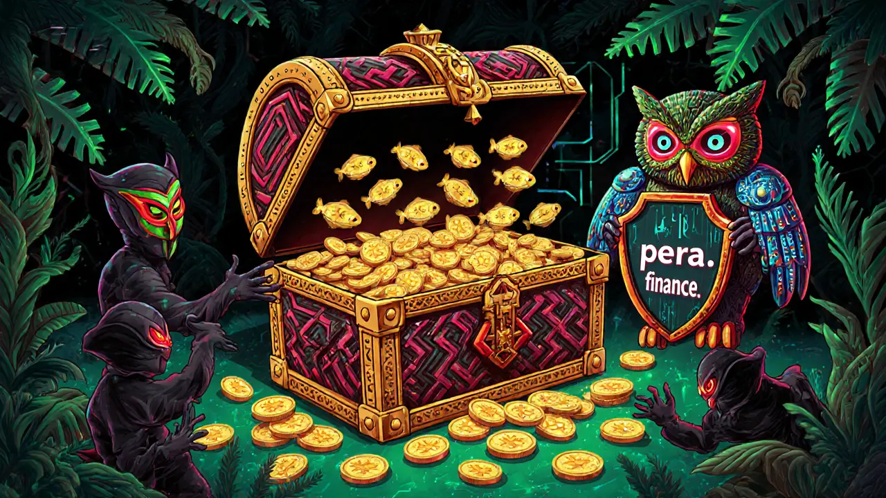 Treasure chest bursting with PERA tokens turning into fish, guarded by a circuit-feathered owl creature