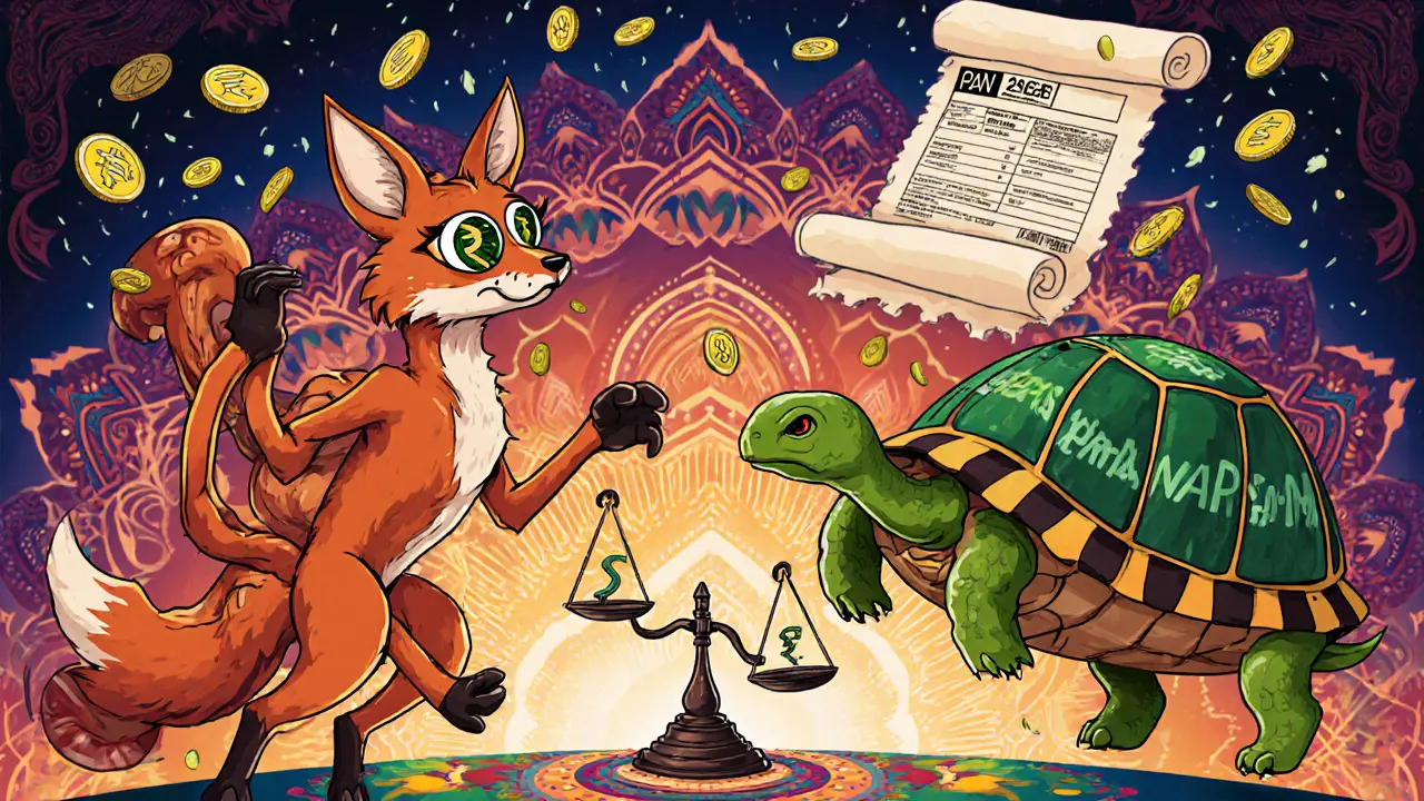 Two fantastical creatures trade crypto under a floating tax form, with rupees falling and a PAN shell turtle.