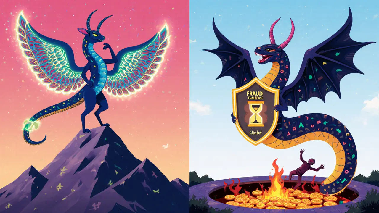 Two mythical creatures representing ZK and Optimistic rollups, one with geometric wings, the other with an hourglass tail.
