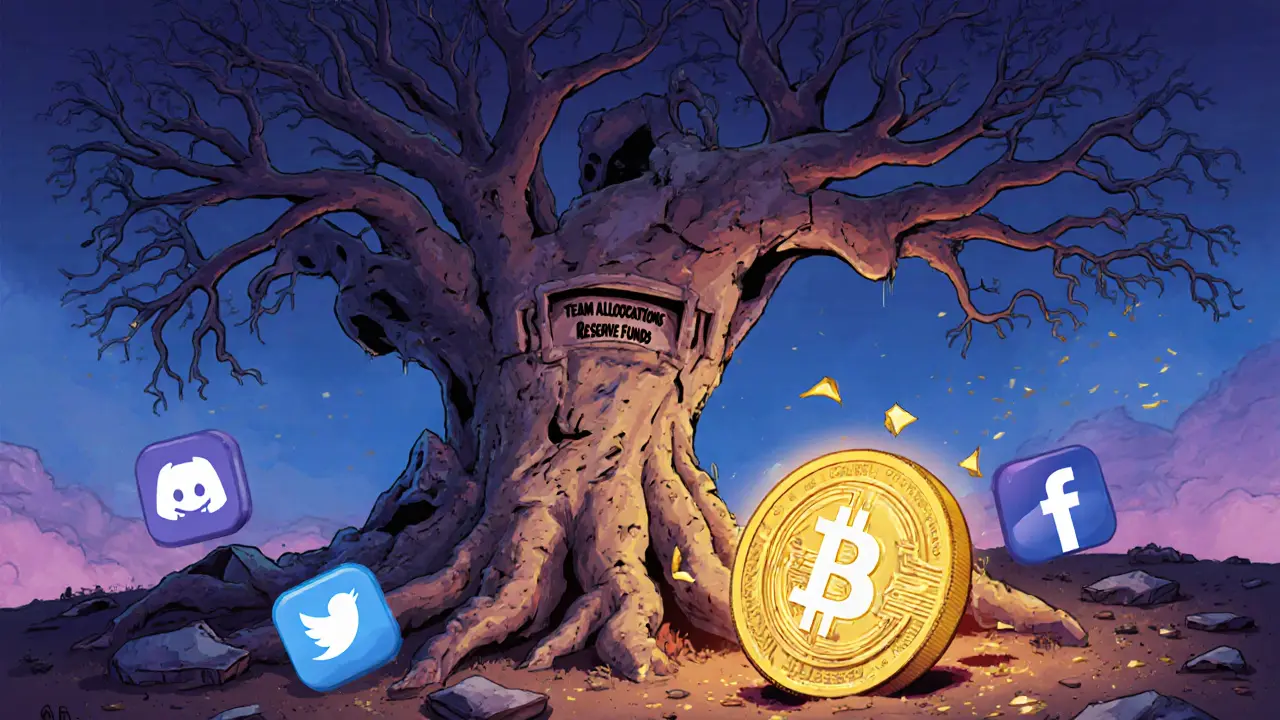 A crumbling blockchain tree with dead branches, a cracked LACE token on the ground amid abandoned social icons.