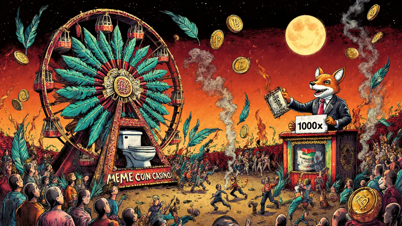 A crumbling meme coin carnival with a toilet-shaped Ferris wheel and burning tokens dissolving into smoke.