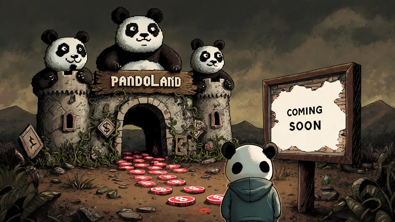 A crumbling PandoLand castle fades as a developer panda stares at a blank &#039;Coming Soon&#039; screen.