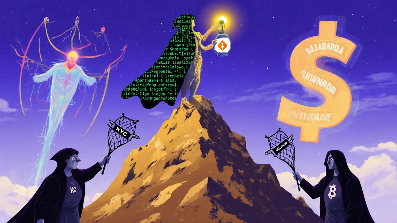 A developer with a code-cloak holds a Tornado Cash lantern as regulators reach with nets below.