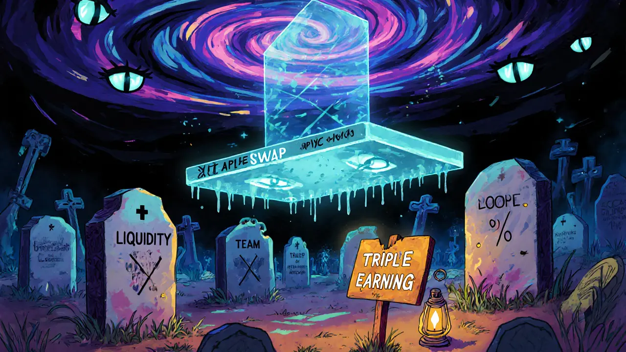A ghostly DEX hovering over a crypto graveyard, with a flickering lantern and broken earning signs under swirling fake APYs in Alebrije style.