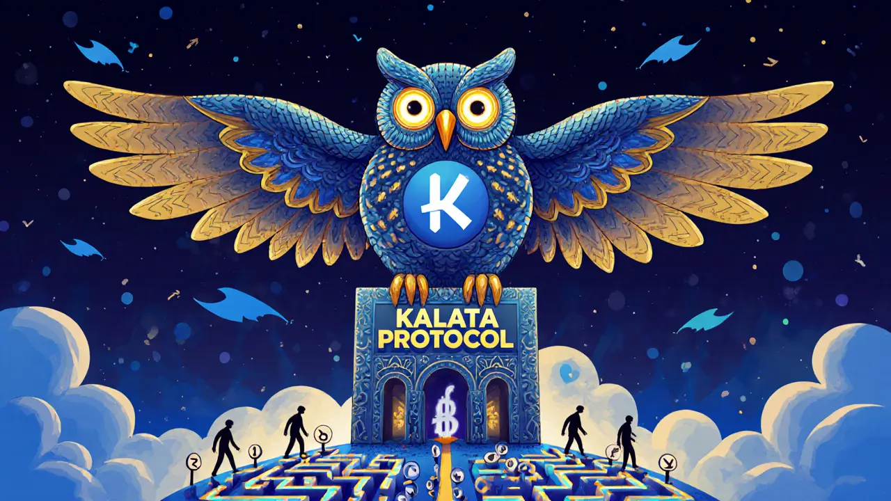 A giant owl with CoinMarketCap wings perched on a Kalata tower, users walking through simple sign-up icons under a starry sky.