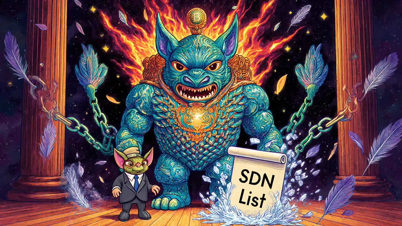 A glowing smart contract spirit breaking chains as a bureaucratic goblin watches in shock.