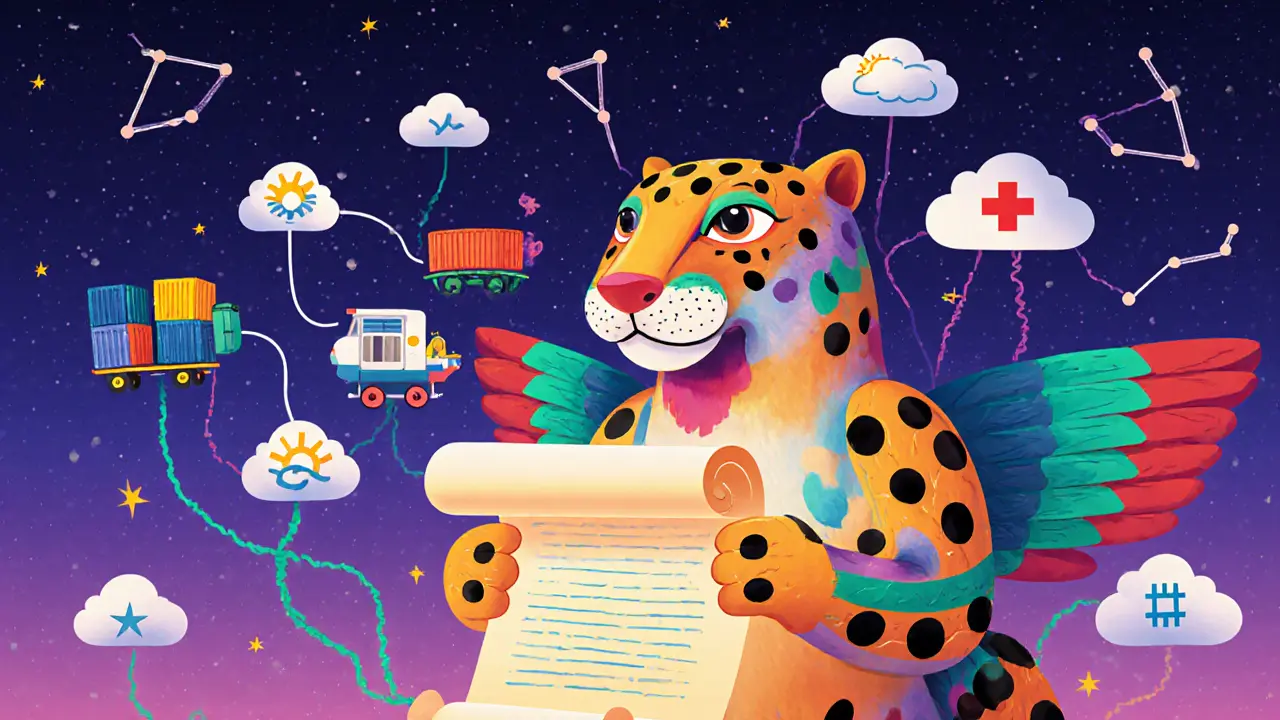 A jaguar-hummingbird alebrije guiding a supply chain of floating containers and medical icons with AI tendrils.