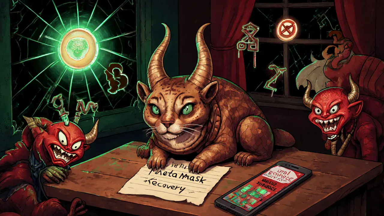 A Ledger device as a mystical animal protected by runes, repelling phishing demons in a dim room.