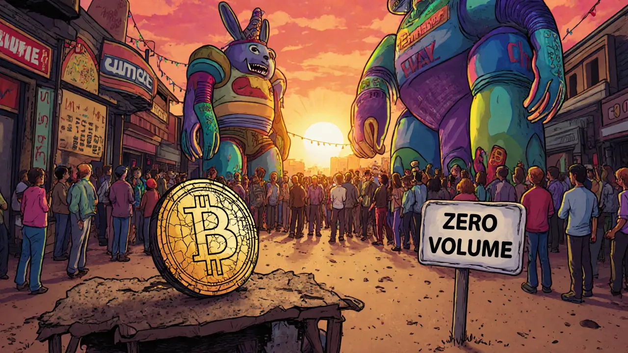 A lonely AMPLE token on a zero-volume stall, dwarfed by vibrant, bustling giants representing PancakeSwap and Uniswap in a digital marketplace.