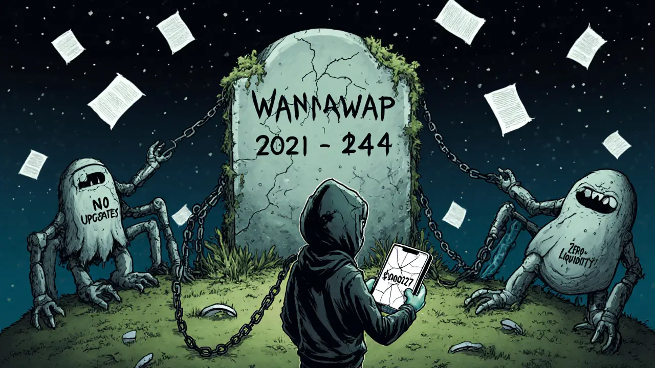 A lonely trader facing a Wannaswap tombstone as ghostly bots drag chains of neglect into the ground.