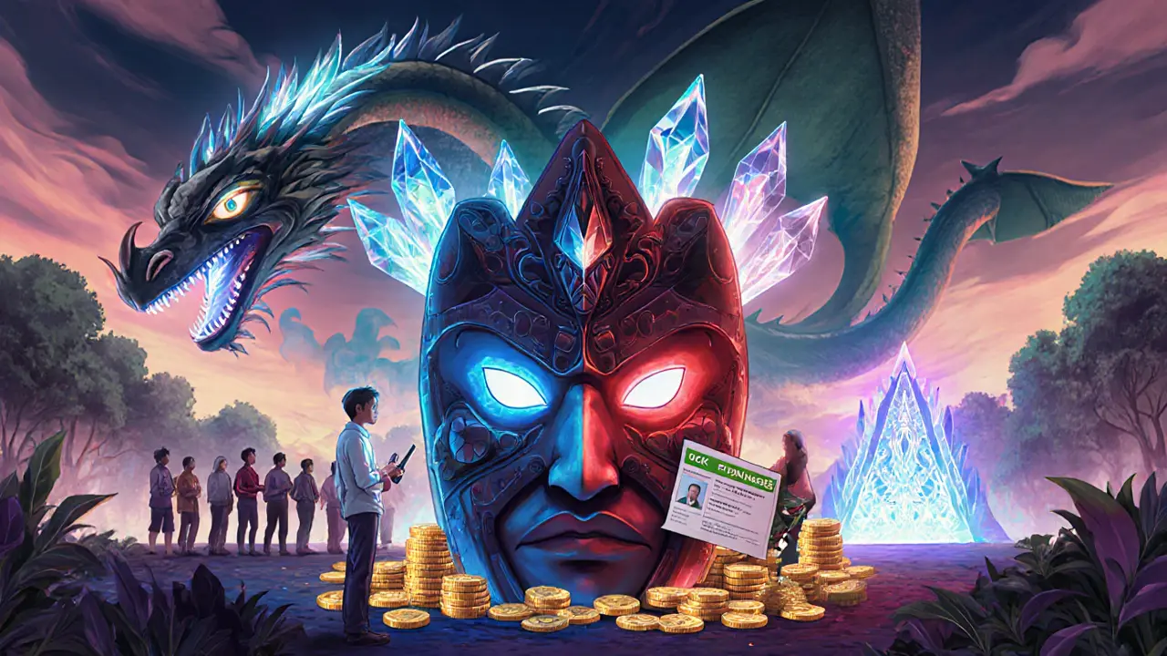 A mask-shaped wallet with blue and red eyes, held by a trader with ID, as OJK verification lines form behind.