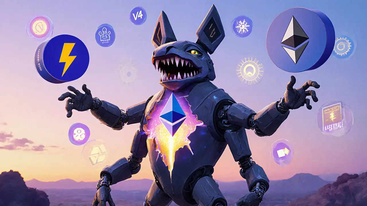 A mechanical Alebrije creature with arms reaching for Solana and Ethereum, revealing a V4 upgrade core inside.