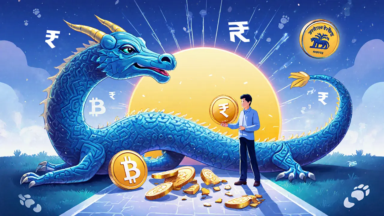 A serene e-Rupee dragon coiling around a calm investor, with shattered crypto symbols at its feet under an RBI-shaped sun.
