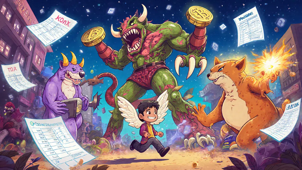 A stressed trader creature chased by a tax demon, aided by friendly crypto tax software animals in a chaotic digital market.