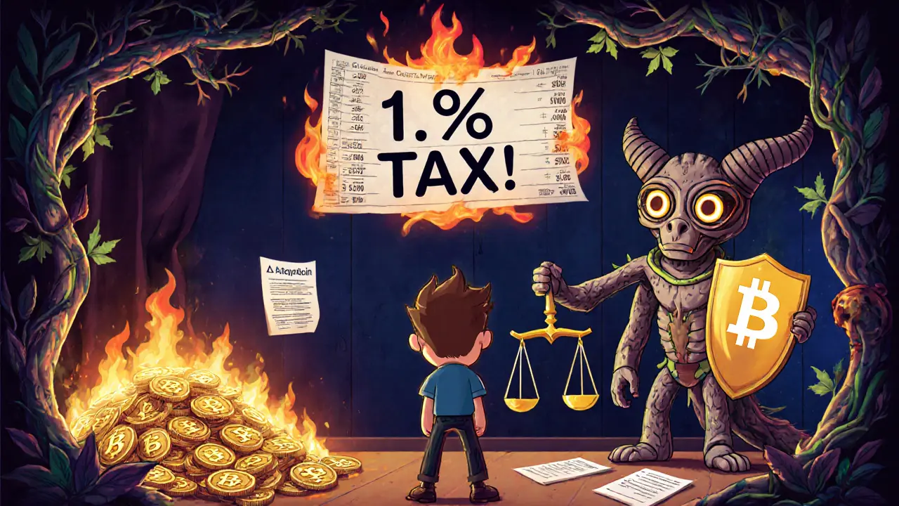 A trader faces a blockchain-scaled Tax Spirit in a surreal courtroom with glowing tax rates floating above.